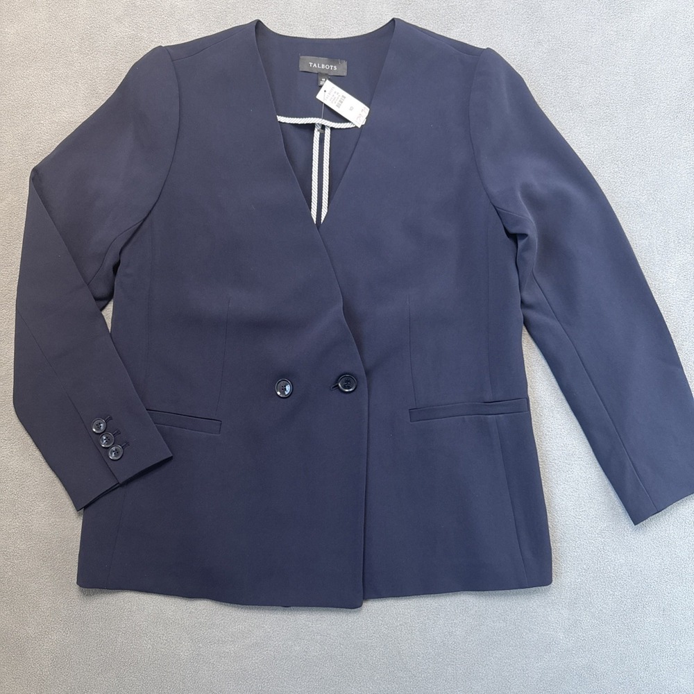 Talbots Blazer Double Breasted Collarless Jacket Modern‎ Workwear Sz 10 Navy